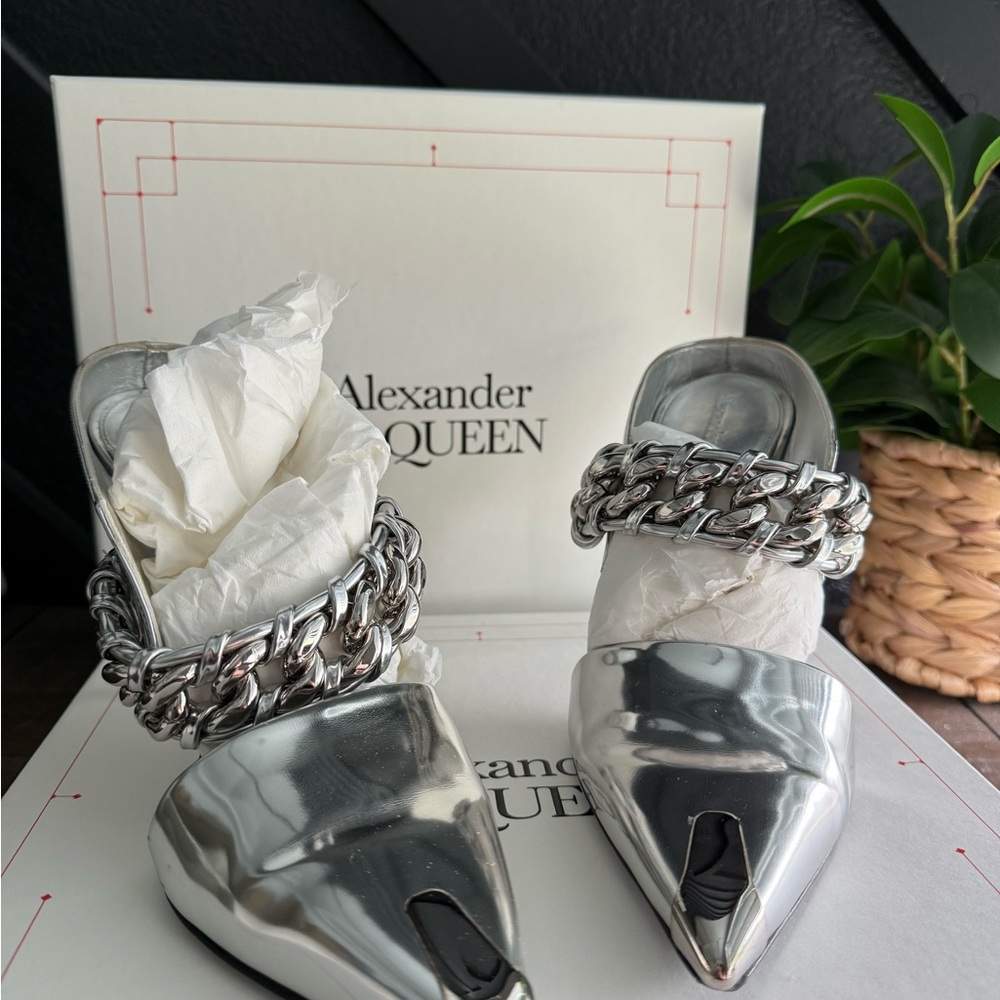 Alexander McQueen Silver Mules with Chunky Chain Detail